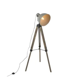 QAZQA IndustriÃ«le Vloerlamp Op Houten Tripod Met Grijze Kap - Laos