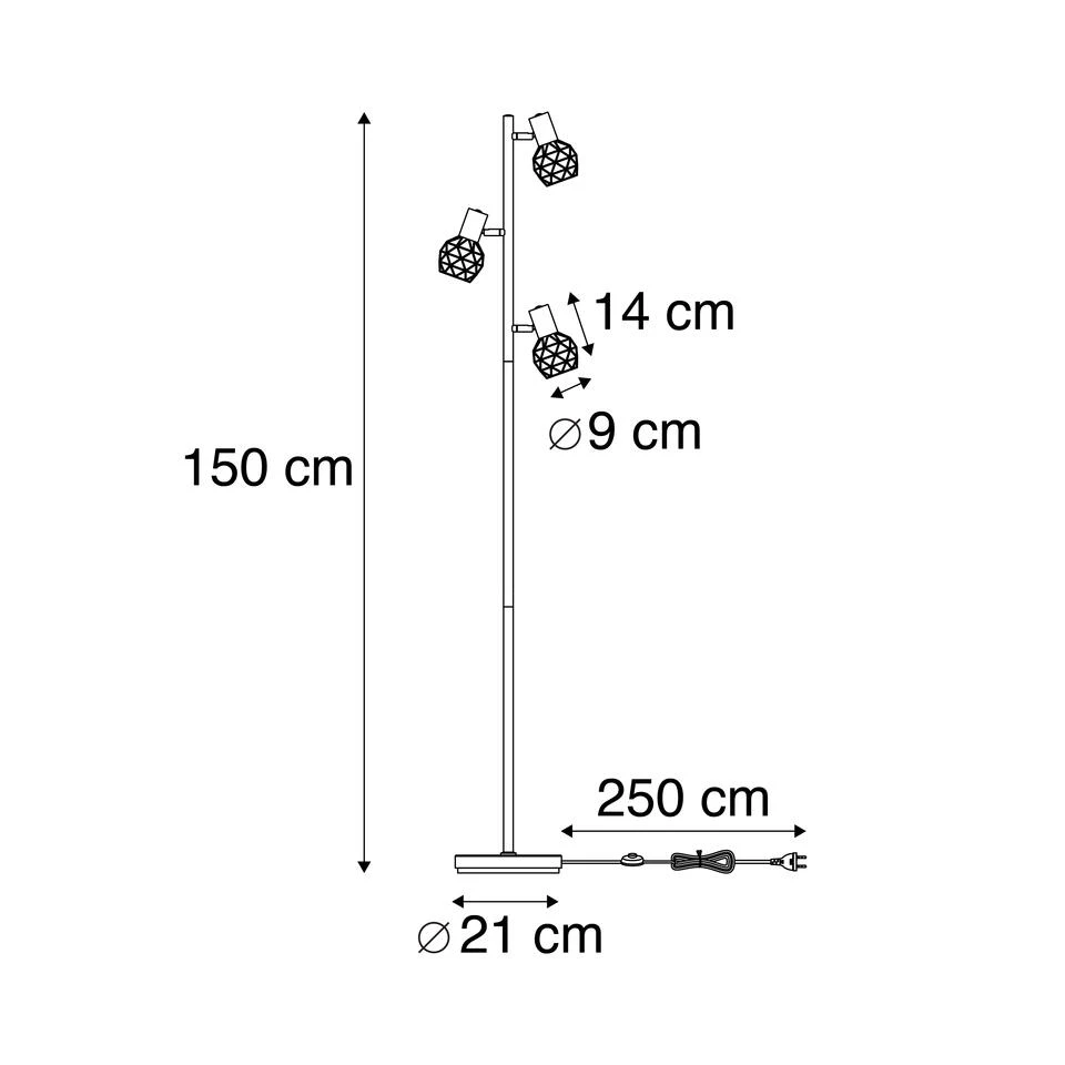 QAZQA Design Vloerlamp Zwart 3-lichts Verstelbaar - Mesh - Zwart - Afbeelding 3
