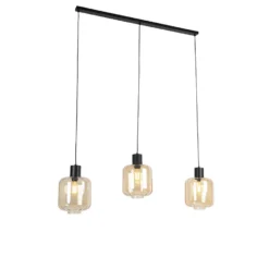 QAZQA Design Hanglamp Zwart Met Amber Glas 3-lichts 161,5 Cm - Qara