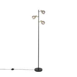 QAZQA Art Deco Vloerlamp Zwart En Goud Met Smoke Glas 3-lichts - Vidro