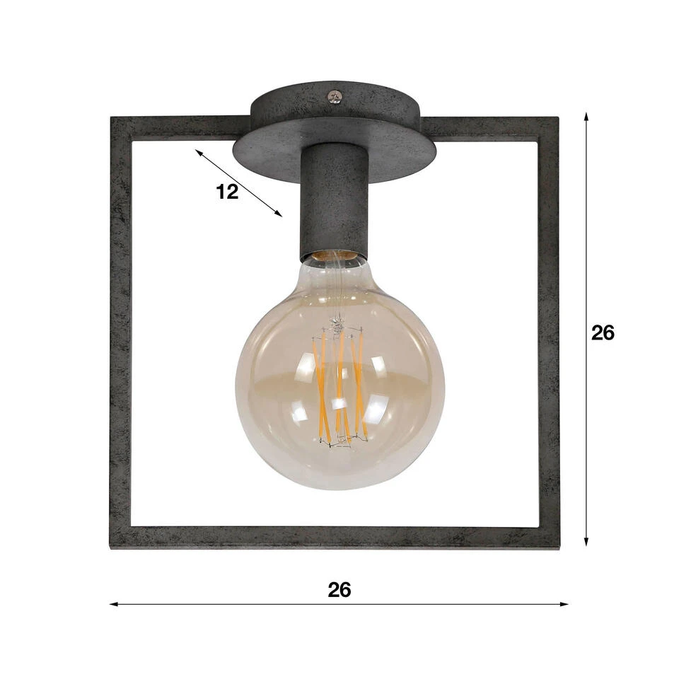 Plafondlamp Industrieel 1L Winster - 12x26x26 Cm - Metaal - Grijs - Afbeelding 3