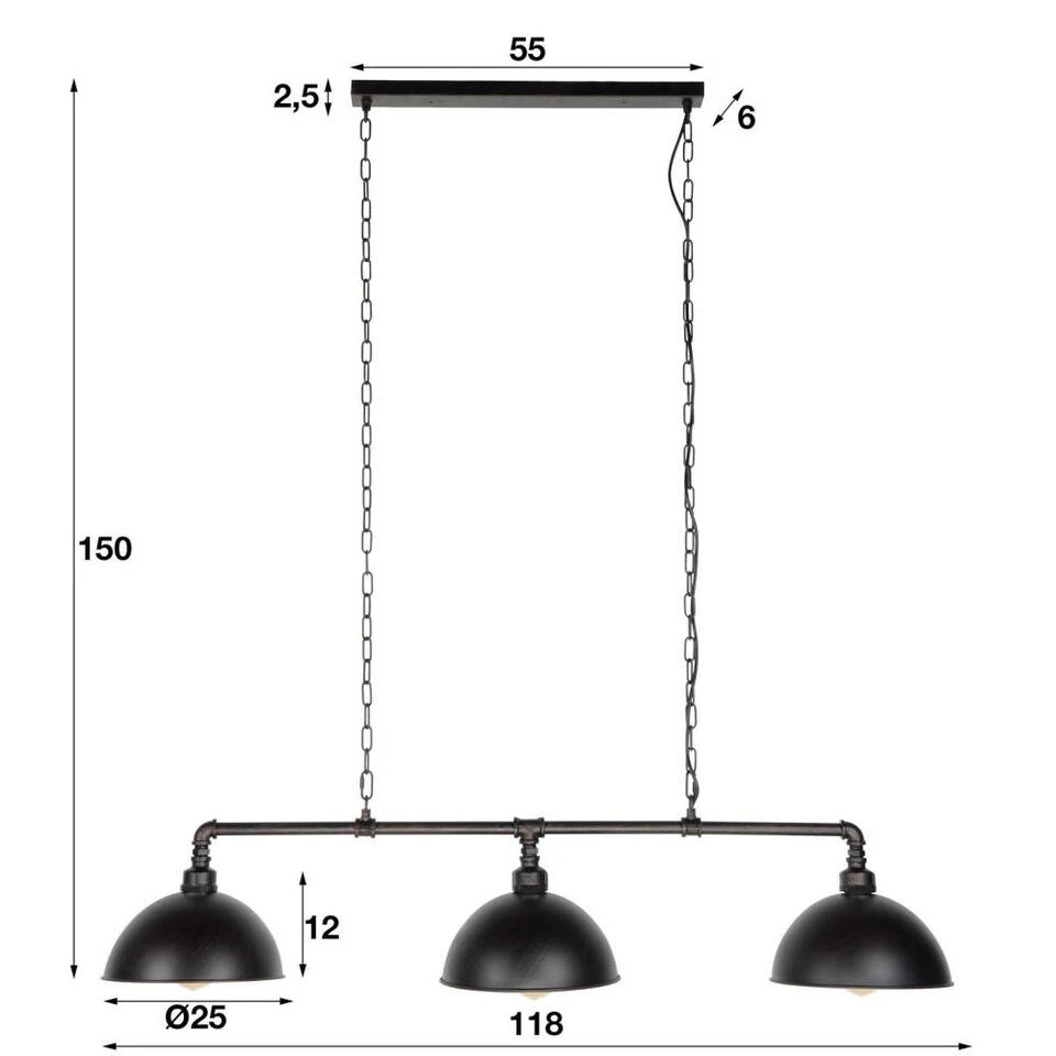 Giga Meubel Hanglamp 3-Lichts - Zwart - Rond Ø25cm - Industrieel - Afbeelding 4
