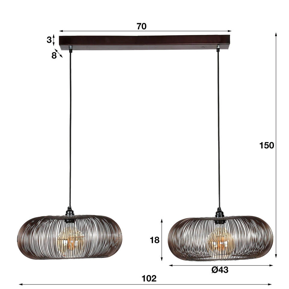 Industriële Hanglamp Jill 2-lichts Koper Bruin - 43x102x150 Cm - Metaal - Zwart - Afbeelding 3