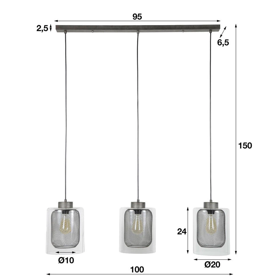 Hoyz - Hanglamp Raster-Glas - 3xØ20 - Industrieel