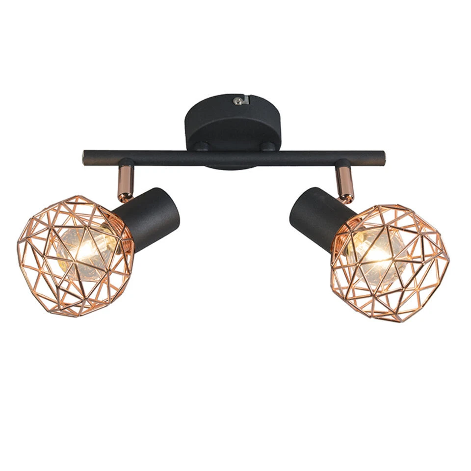 QAZQA Moderne Spot Zwart Met Koper 2-lichts - Mesh