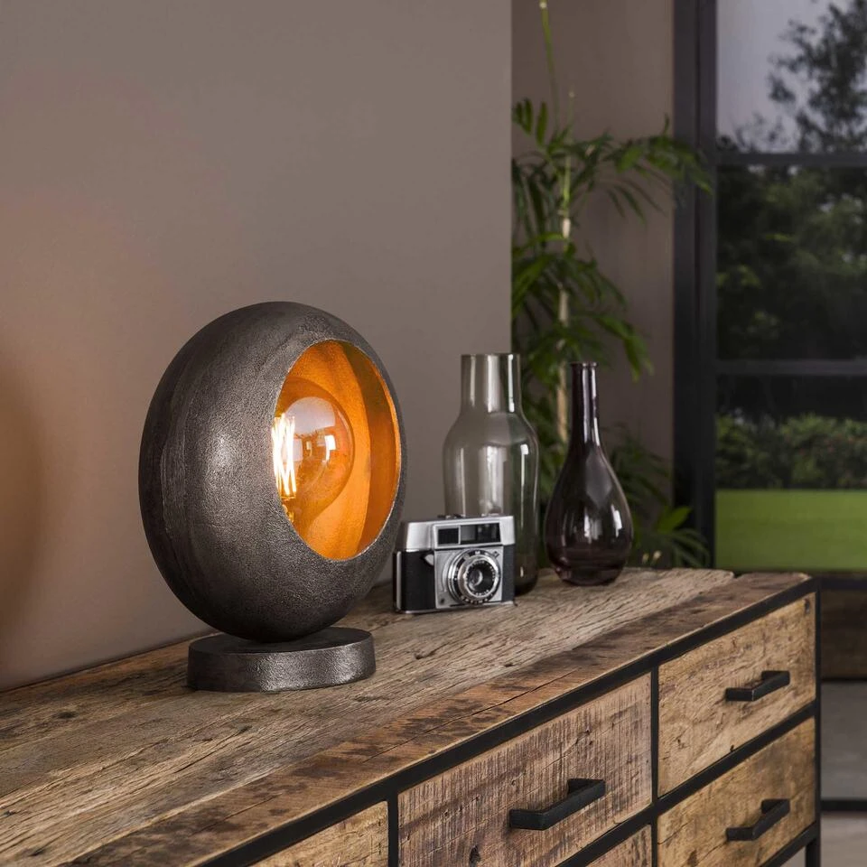 Industriële Tafellamp Mia Aluminium Rond Klein - 13x13x31 Cm - Aluminium - Zwart - Afbeelding 3